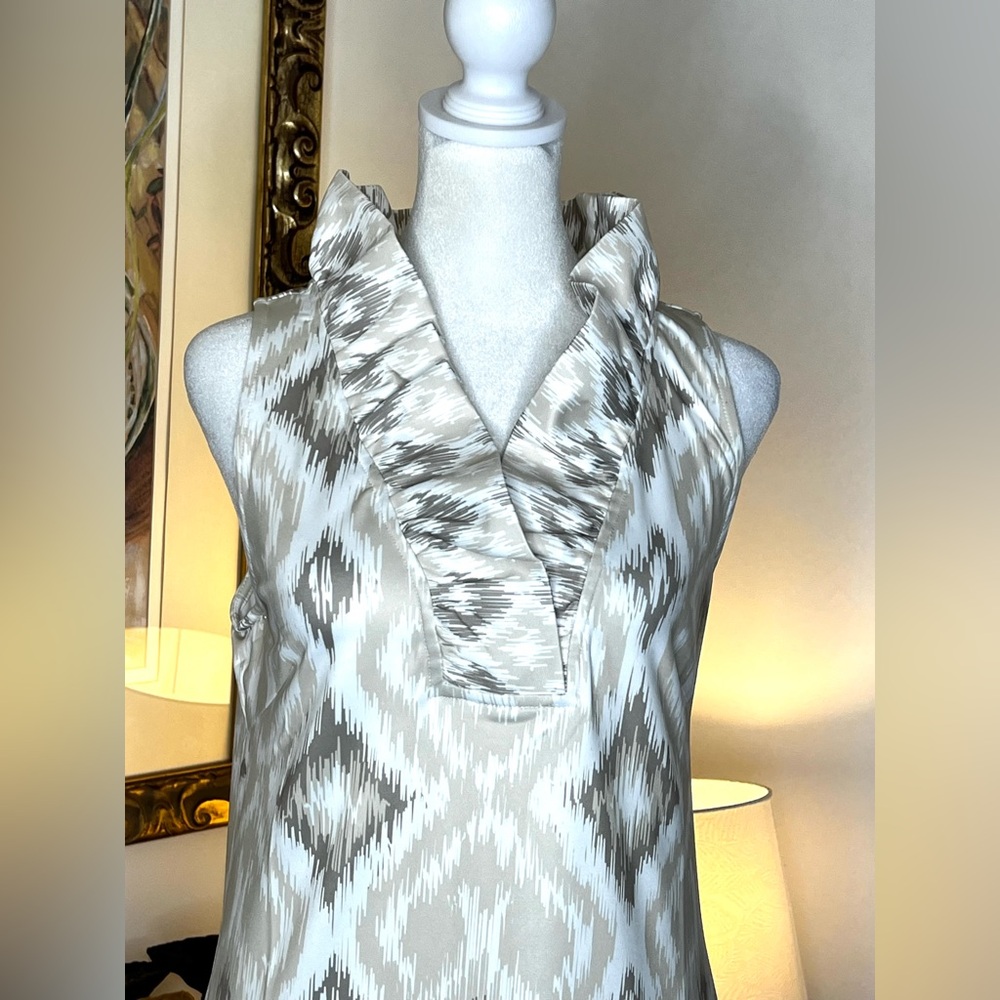 Gretchen Scott Khaki Jornki Kitt Ikat Sleeveless Ruff Neck Dress Medium - Picture 2 of 9